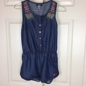 Kensie Embroidered Chambray Romper Button Up Short
